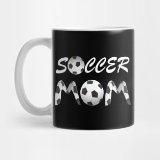 Soccer Mom with Soccer Balls and Black and White Soccer Patterned Letters (Black Background) Mug